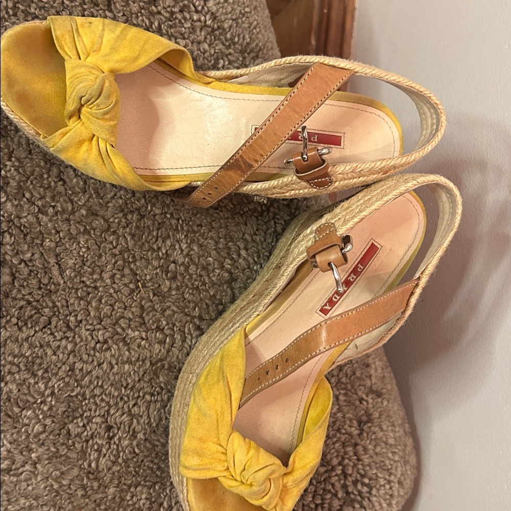 Prada Yellow Suedeand Tan Espadrille Sandals - Picture 1 of 4